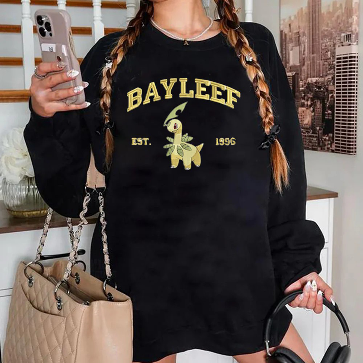 Bayleef Adorable Anime-Themed Embroidered T-Shirt,Crewneck,Hoodie-Trendy Versatile and a Thoughtful Gift for Friends,H-C-857