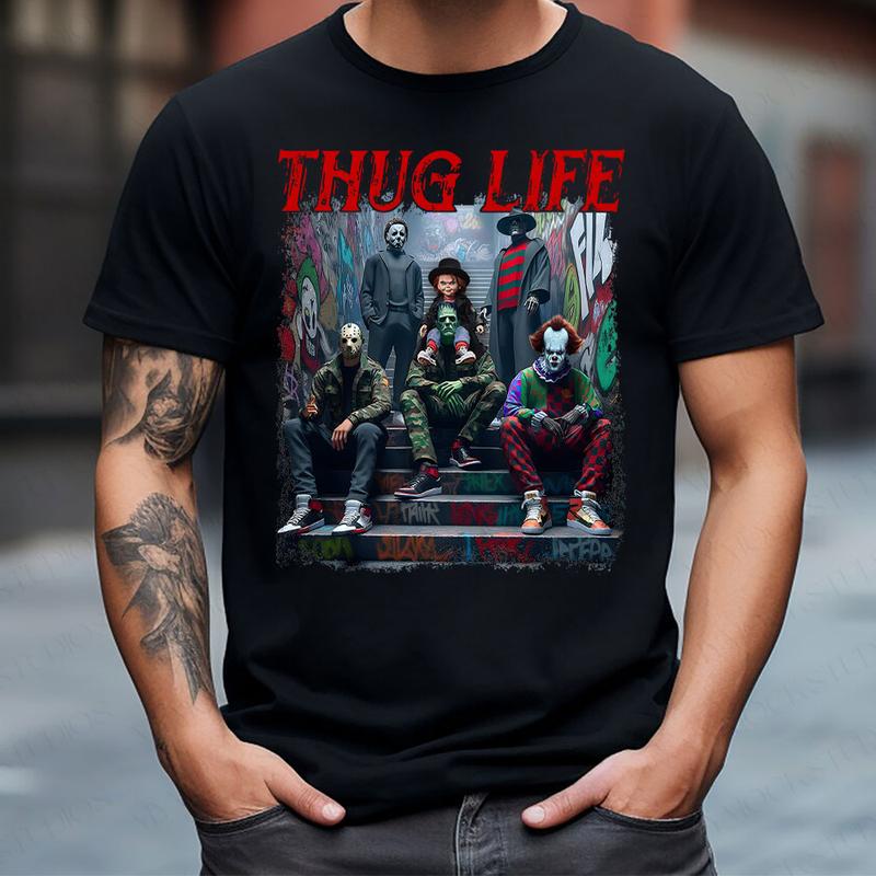 T-shirt à capuche, col ras du cou, personnages d'horreur d'Halloween THUG LIFE, TS-C-088