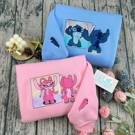 Cute Stitch And Angel Couple Embroidered T-Shirt,Crewneck,Hoodie,Gift For All,H-C-741