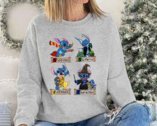 Harry Potter Stitch With Hogwarts Four Houses Hoodie,Gift For Family,H-C-112