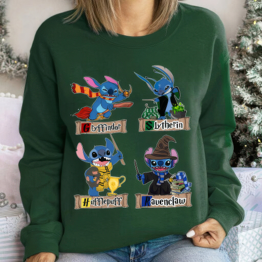 Harry Potter Stitch With Hogwarts Four Houses Hoodie,Gift For Family,H-C-112