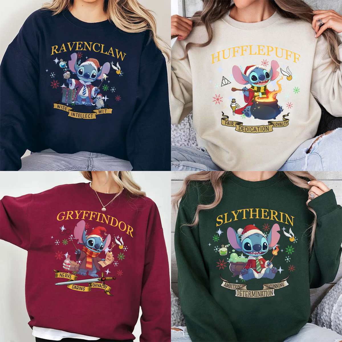 Adorable Stitch Meet The Four Houses Of Harry Potter Christmas T-Shirt,Crewneck,Hoodie,TS-C-691