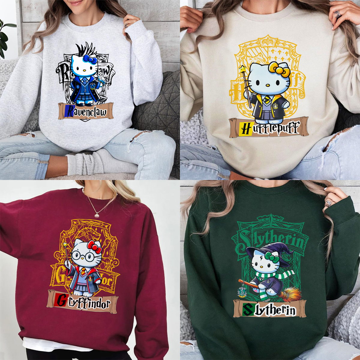 Cute Hello Kitty × Harry Potter Four Houses Collaboration T-Shirt,Crewneck,Hoodie,Gift for Loyal Fans,TS-C-666