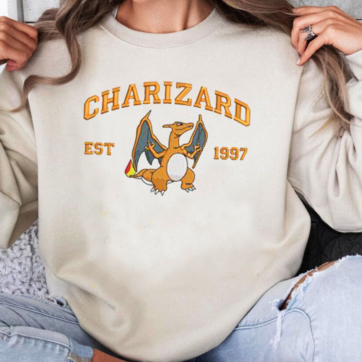Charizard Adorable Anime-Themed Embroidered T-Shirt,Crewneck,Hoodie-Trendy Versatile and a Thoughtful Gift for Friends,H-C-714