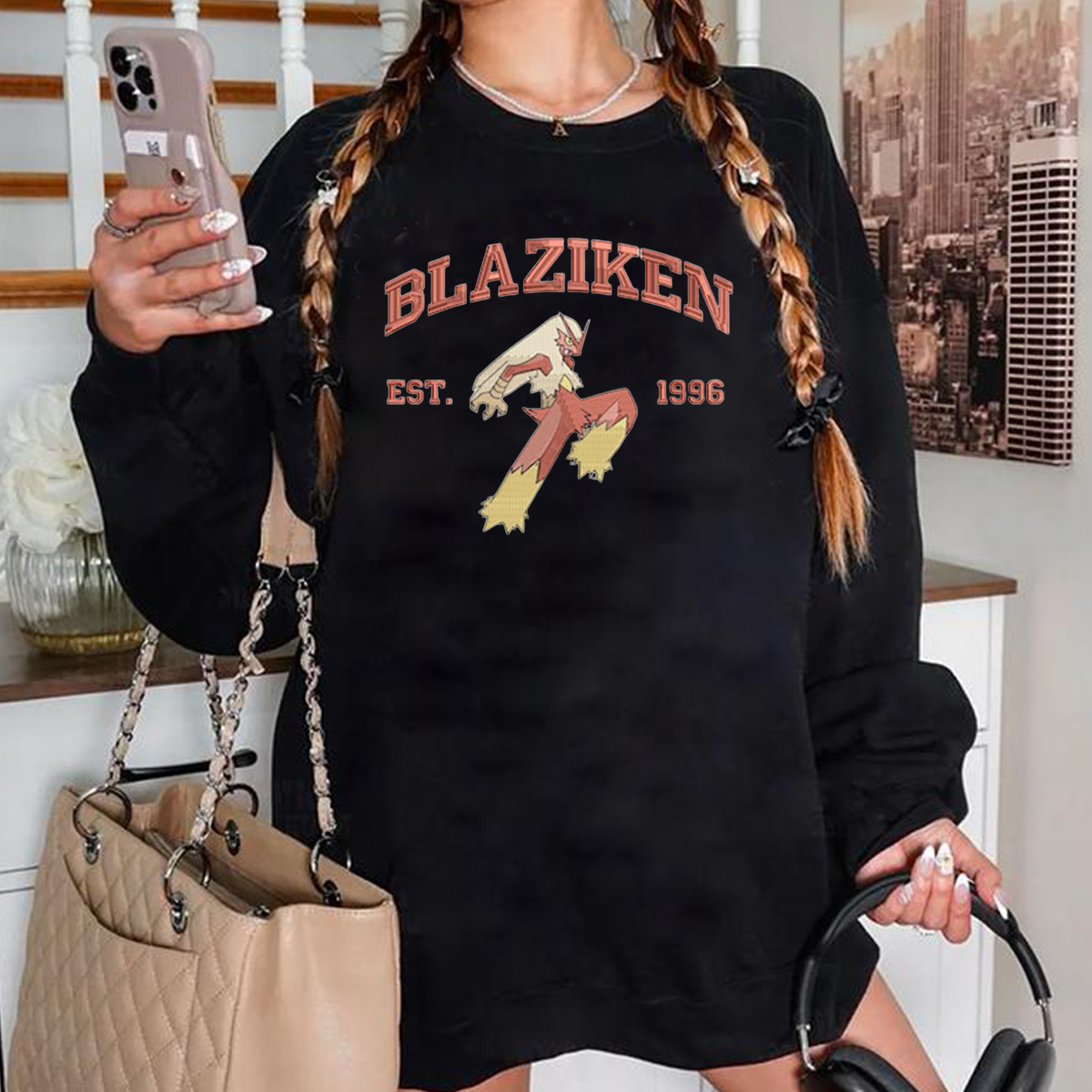 Blaziken Adorable Anime-Themed Embroidered T-Shirt,Crewneck,Hoodie-Trendy Versatile and a Thoughtful Gift for Friends,H-C-866