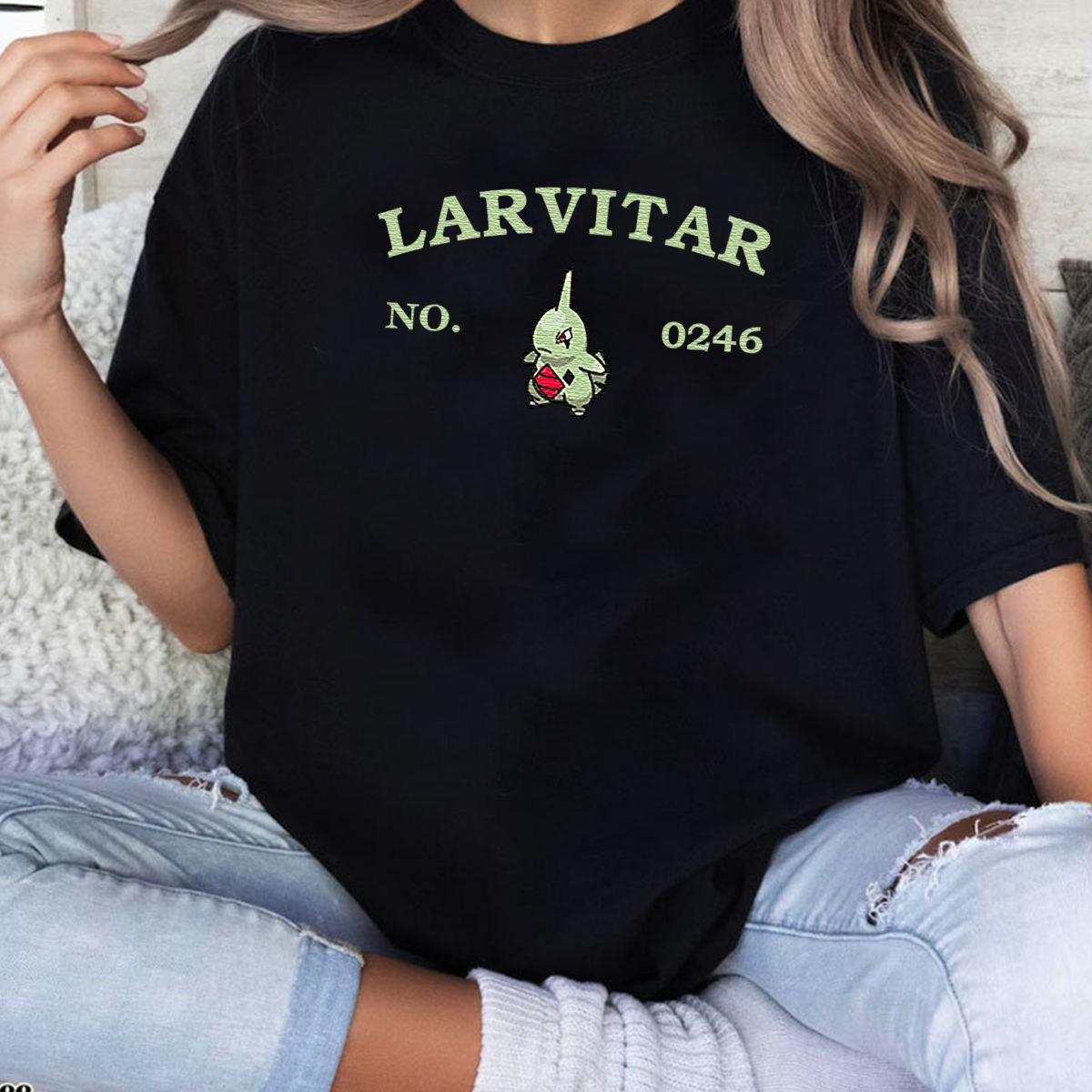 Larvitar-Q.Adorable Anime-Themed Embroidered T-Shirt,Crewneck,Hoodie-Trendy Versatile and a Thoughtful Gift for Friends,H-C-1226