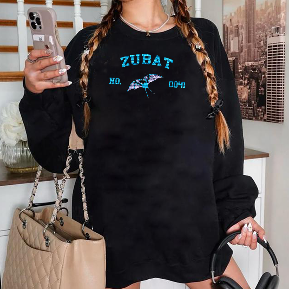 Zubat Adorable Anime-Themed Embroidered T-Shirt,Crewneck,Hoodie-Trendy Versatile and a Thoughtful Gift for Friends,H-C-1272