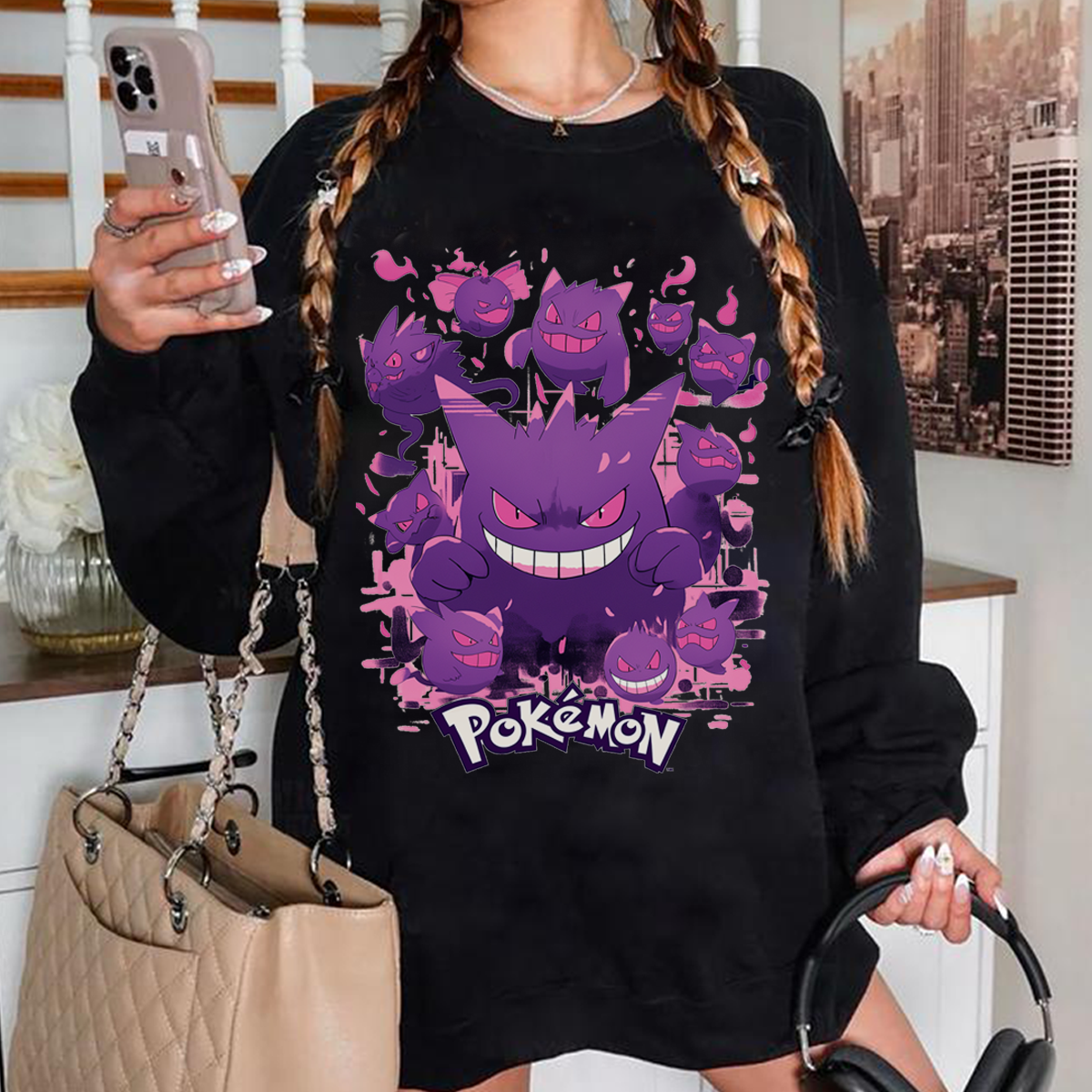 Playful And Mischievous Gengar Pokémon Characters Anime Unisex T-Shirt,Crewneck,Hoodie,H-C-770