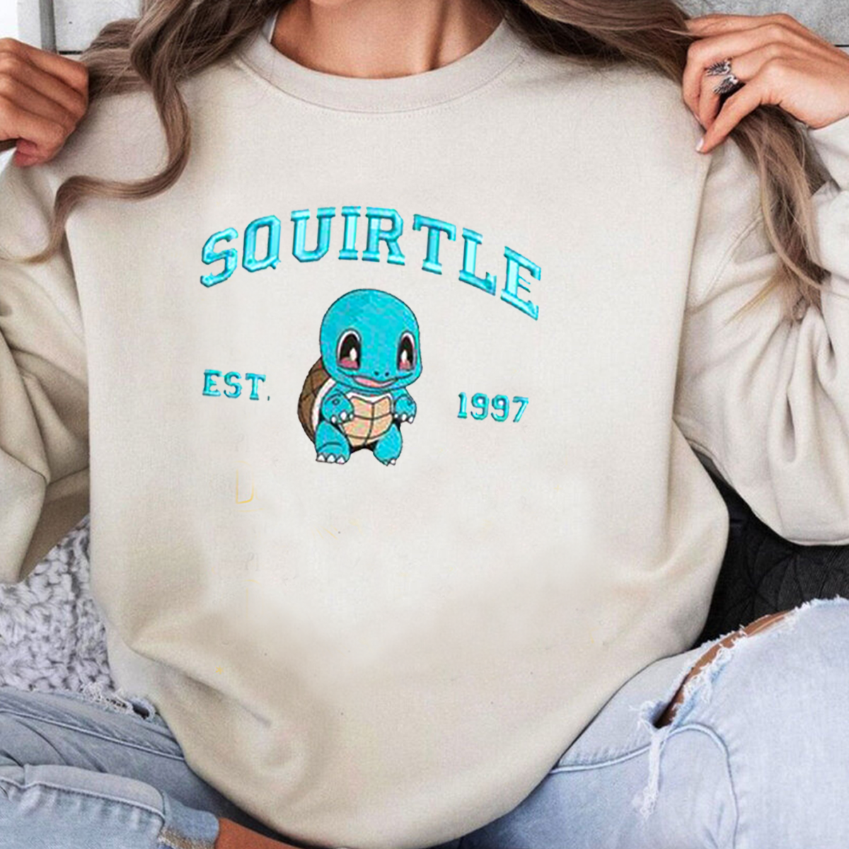 Squirtle Adorable Anime-Themed Embroidered T-Shirt,Crewneck,Hoodie-Trendy Versatile and a Thoughtful Gift for Friends,H-C-726