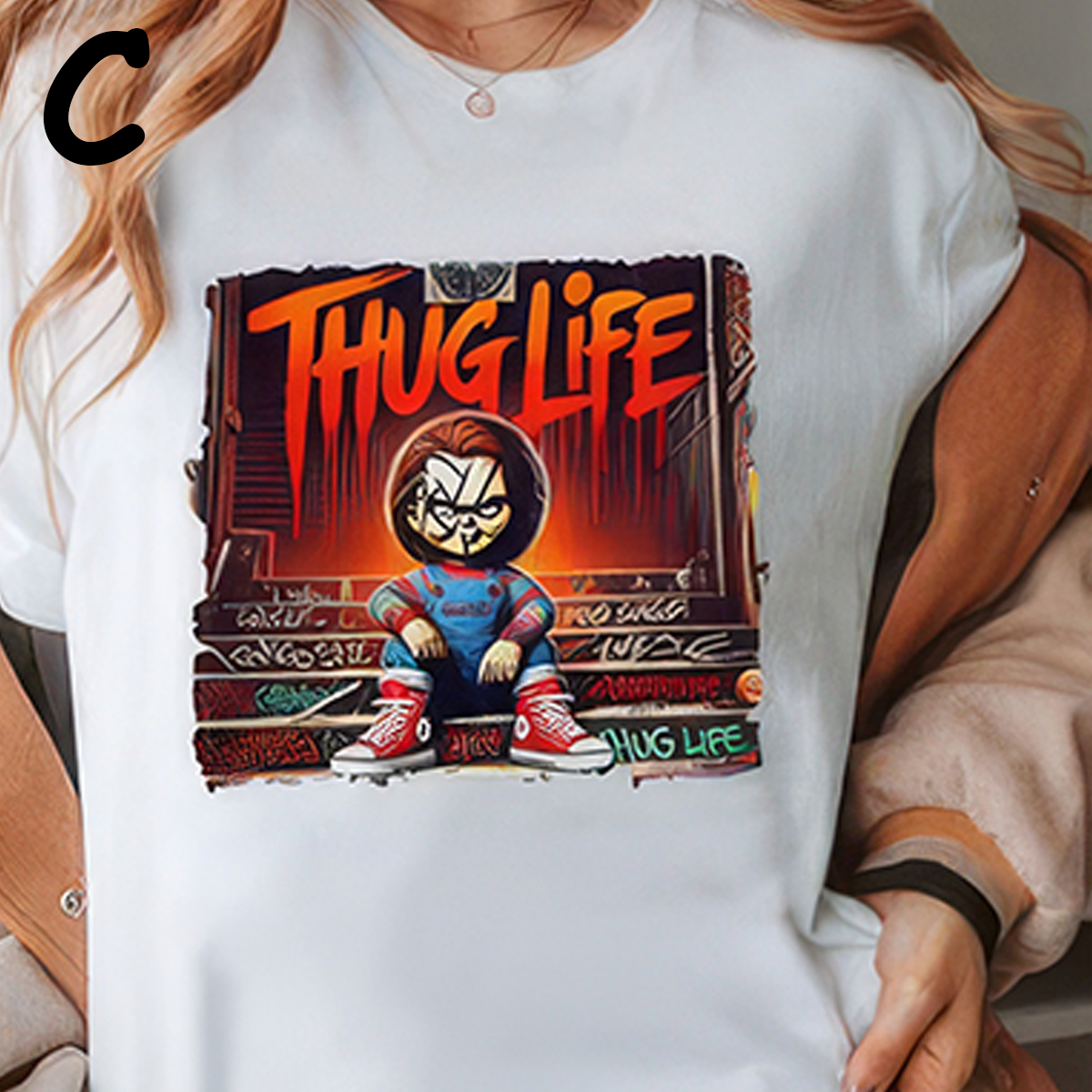 T-shirt à capuche avec personnages d'horreur d'Halloween THUG LIFE, col ras du cou, TS-C-094