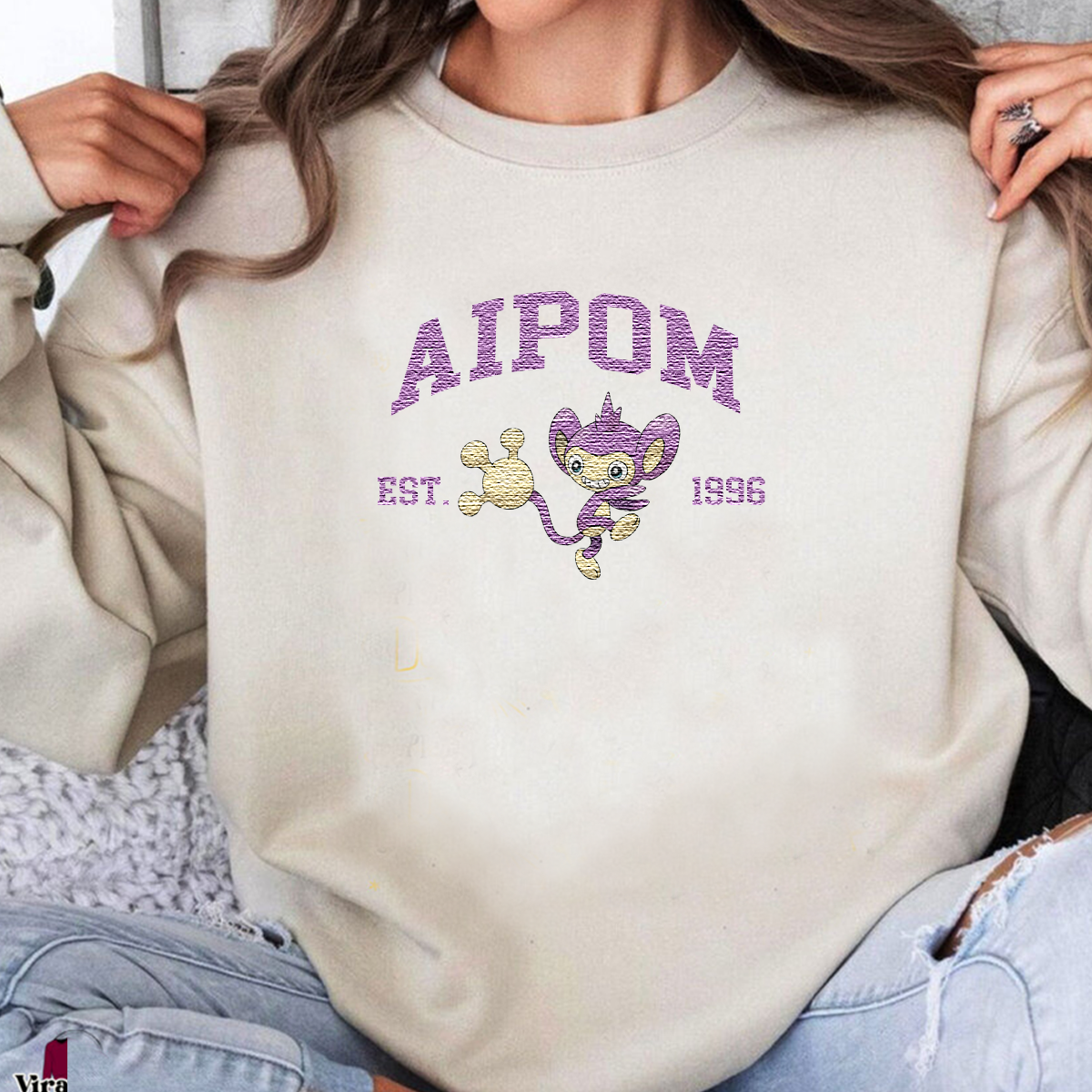 Aipom Adorable Anime-Themed Embroidered T-Shirt,Crewneck,Hoodie-Trendy Versatile and a Thoughtful Gift for Friends,H-C-1010