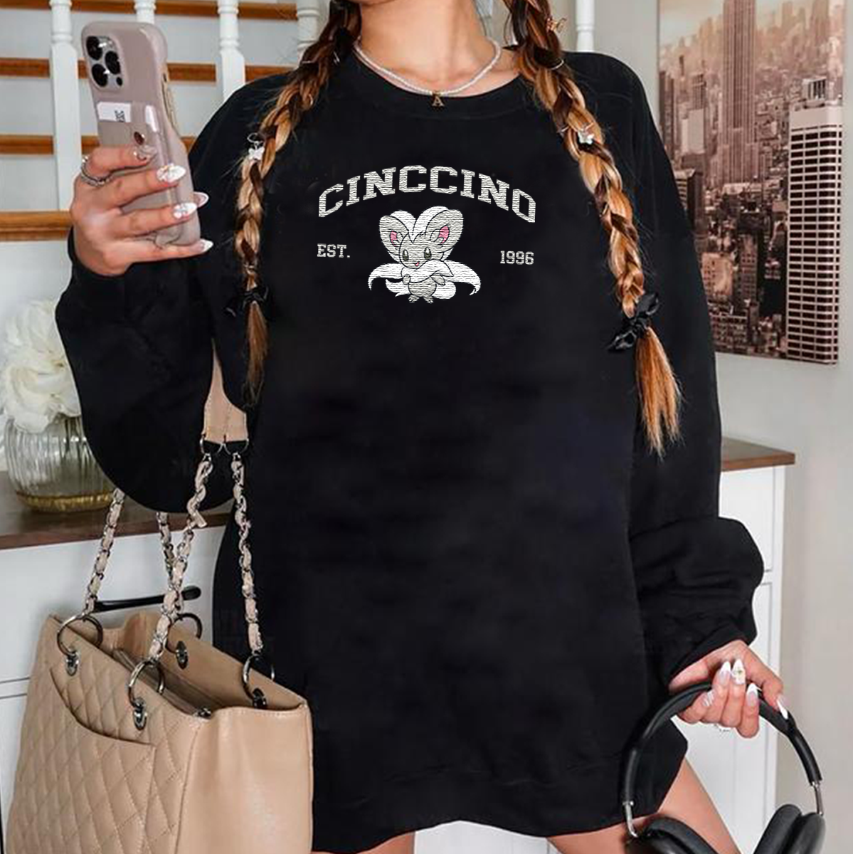 Cinccino Adorable Anime-Themed Embroidered T-Shirt,Crewneck,Hoodie-Trendy Versatile and a Thoughtful Gift for Friends,H-C-1166