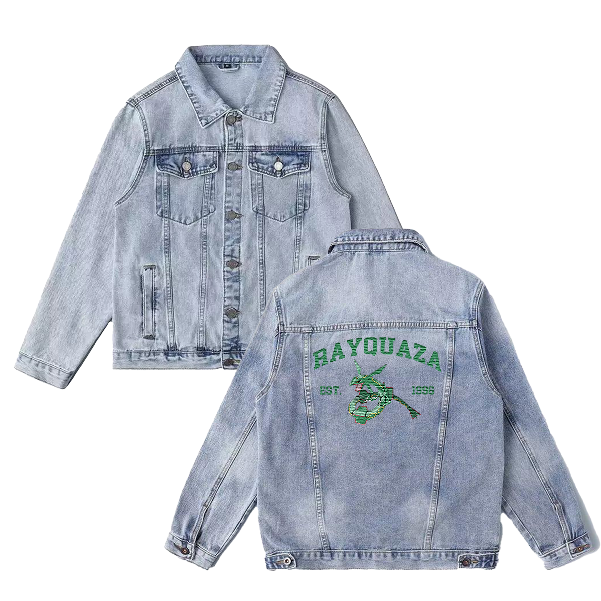 Rayquaza Exquisite & Unique Fashion Embroidered Denim Jacket,with Pet Embroidery Design on Back,Trendy Denim Coat for Fans,J05