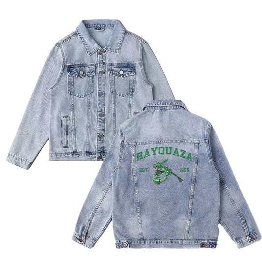 Rayquaza Exquisite & Unique Fashion Embroidered Denim Jacket,with Pet Embroidery Design on Back,Trendy Denim Coat for Fans,J05