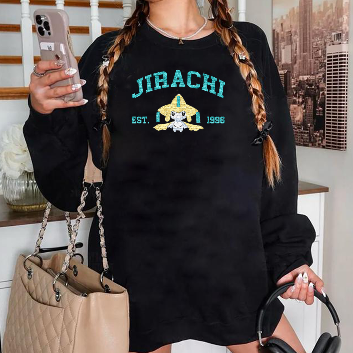 Jirachi Adorable Anime-Themed Embroidered T-Shirt,Crewneck,Hoodie-Trendy Versatile and a Thoughtful Gift for Friends,H-C-1100