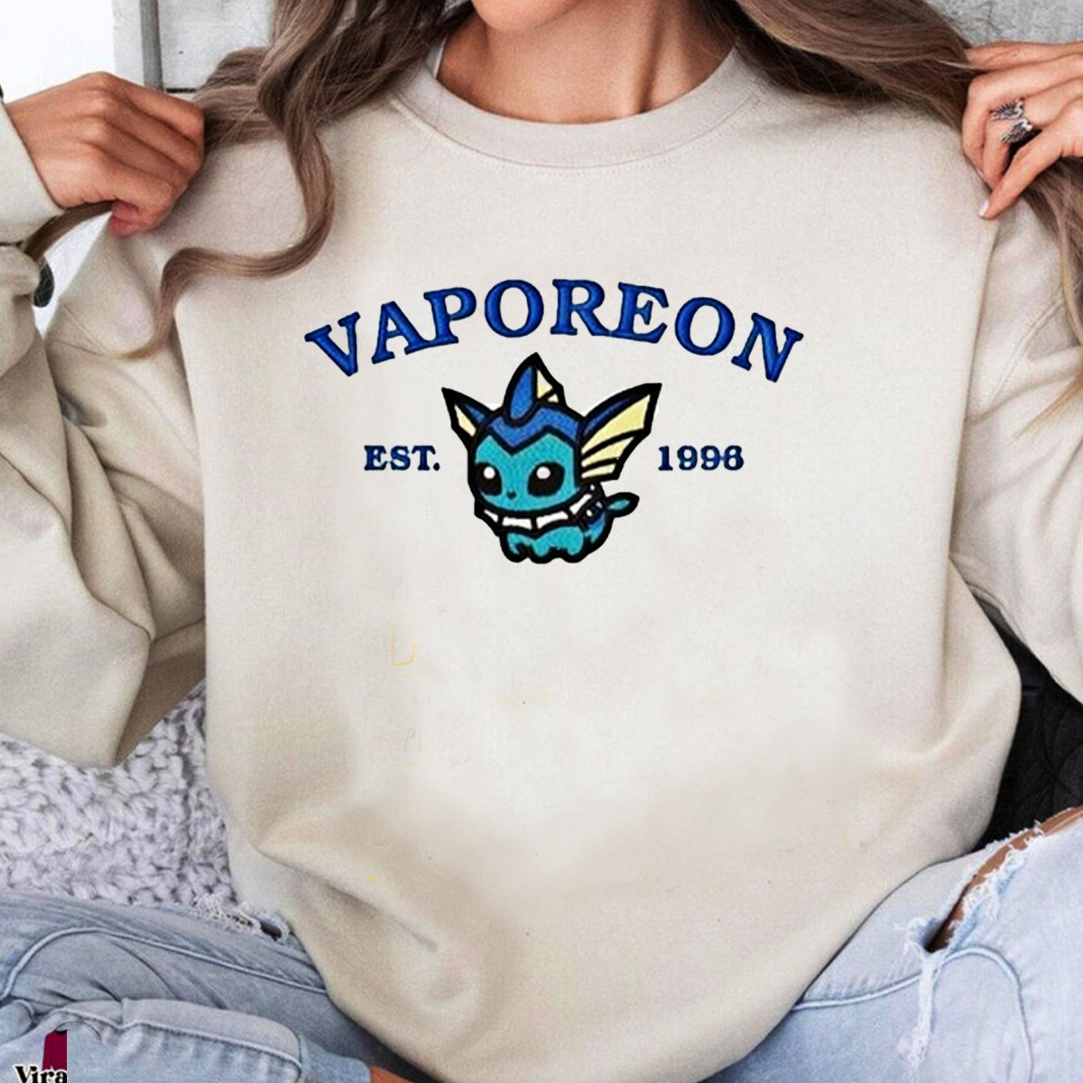 Vaporeon-Q. Adorable Anime-Themed Embroidered T-Shirt,Crewneck,Hoodie-Trendy Versatile and a Thoughtful Gift for Friends,H-C-909