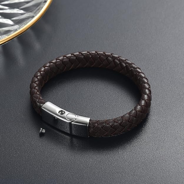 Phylip Stainless Steel Silver Leather Brown Bracelet,J-A-291