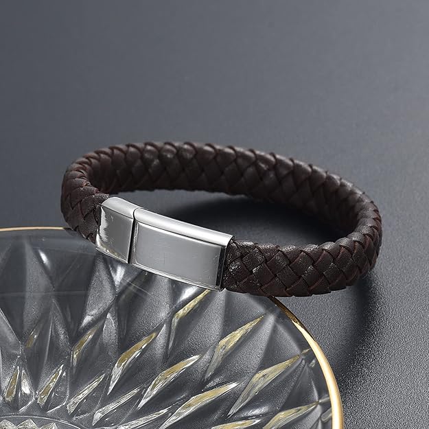 Phylip Stainless Steel Silver Leather Brown Bracelet,J-A-291