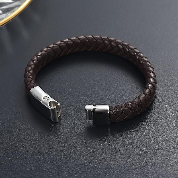 Phylip Stainless Steel Silver Leather Brown Bracelet,J-A-291