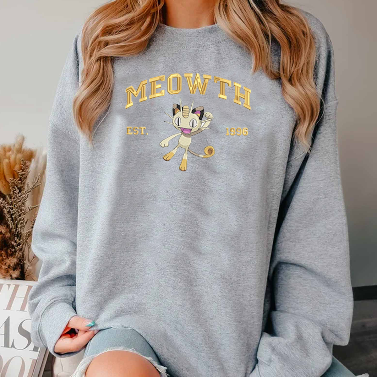 Meowth Pokémon Characters Anime Embroidered Unisex T-Shirt,Crewneck,Hoodie,H-C-856