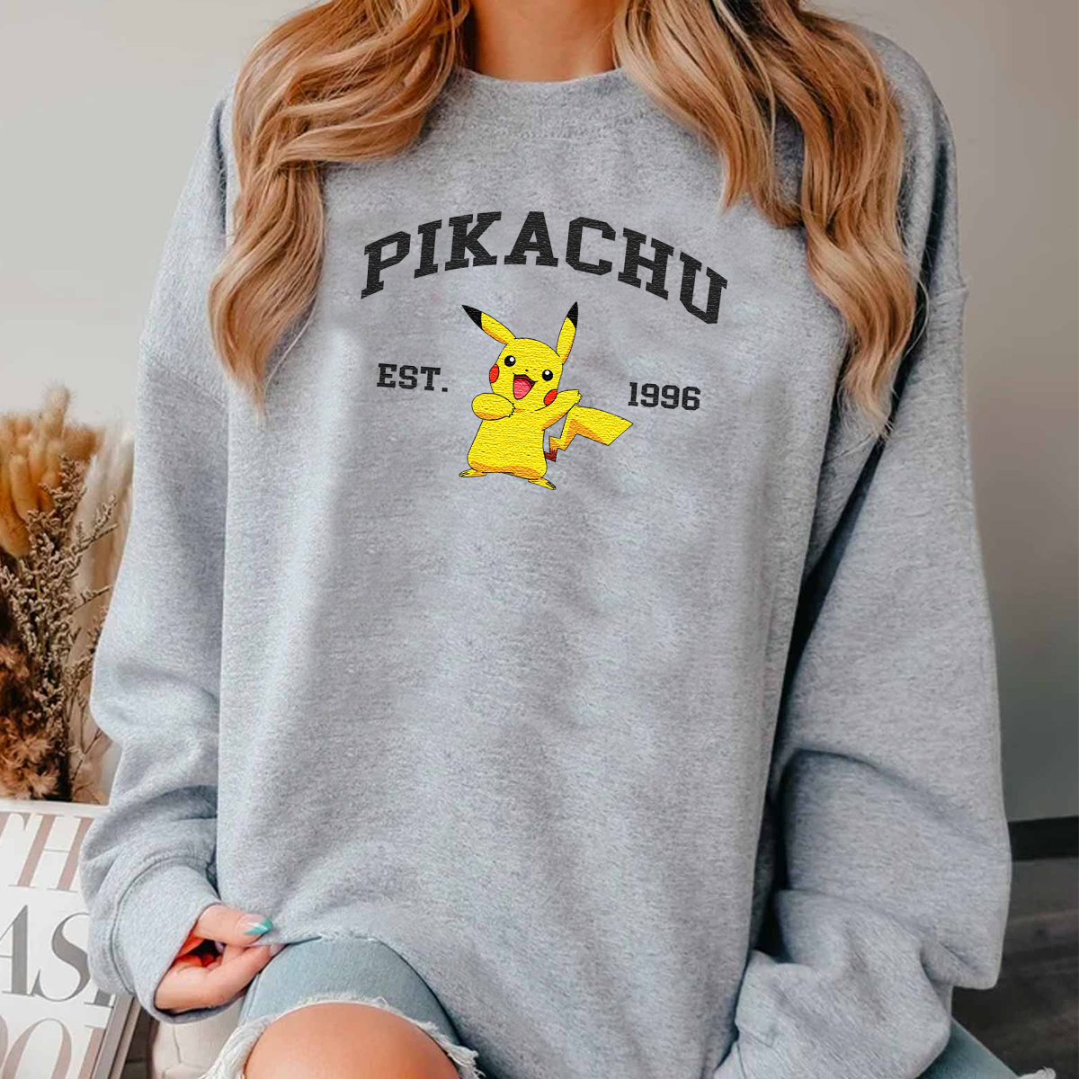 Pikachu Adorable Anime-Themed Embroidered T-Shirt,Crewneck,Hoodie-Trendy Versatile and a Thoughtful Gift for Friends,H-C-923