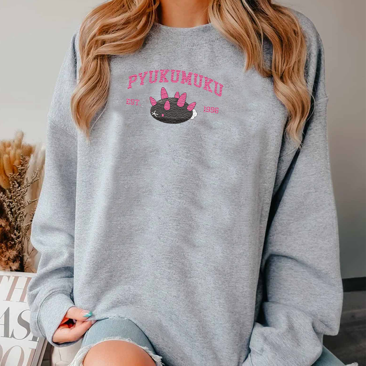 Pyukumuku Adorable Anime-Themed Embroidered T-Shirt,Crewneck,Hoodie-Trendy Versatile and a Thoughtful Gift for Friends,H-C-1133