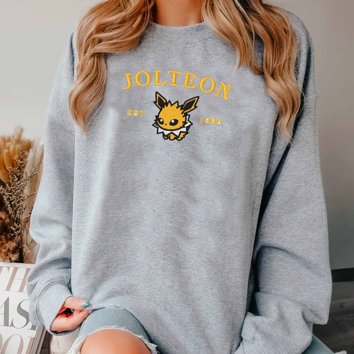 Jolteon-Q. Adorable Anime-Themed Embroidered T-Shirt,Crewneck,Hoodie-Trendy Versatile and a Thoughtful Gift for Friends,H-C-920