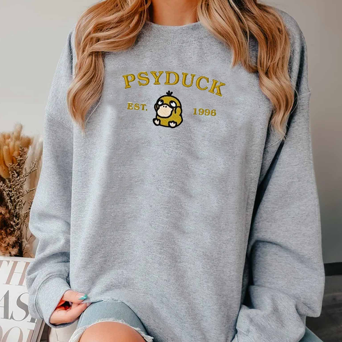 Psyduck-Q. Adorable Anime-Themed Embroidered T-Shirt,Crewneck,Hoodie-Trendy Versatile and a Thoughtful Gift for Friends,H-C-938