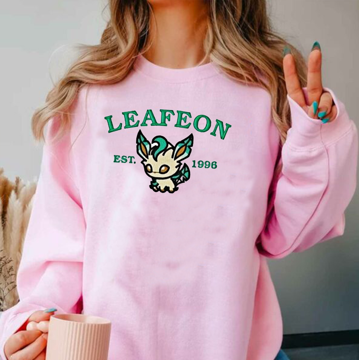 Leafeon-Q.Adorable Anime-Themed Embroidered T-Shirt,Crewneck,Hoodie-Trendy Versatile and a Thoughtful Gift for Friends,H-C-915