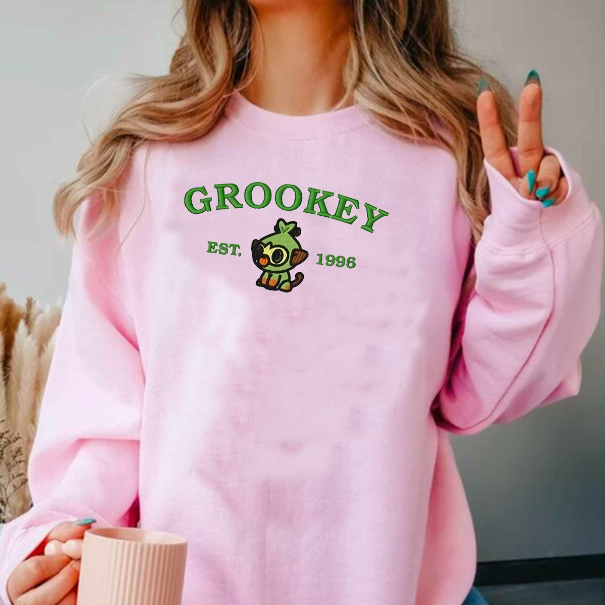Grookey-Q. Adorable Anime-Themed Embroidered T-Shirt,Crewneck,Hoodie-Trendy Versatile and a Thoughtful Gift for Friends,H-C-973