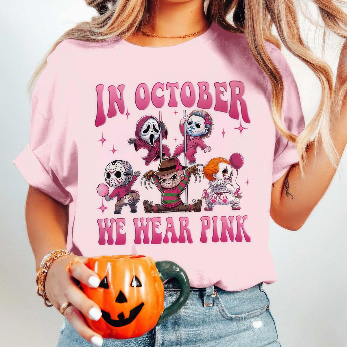 In October We Wear Pink Shirt,Halloween Movie Characters Pink Ribbon Breast Cancer Awareness,SpO0ky Season Crewneck,Hoodie,H-C-732