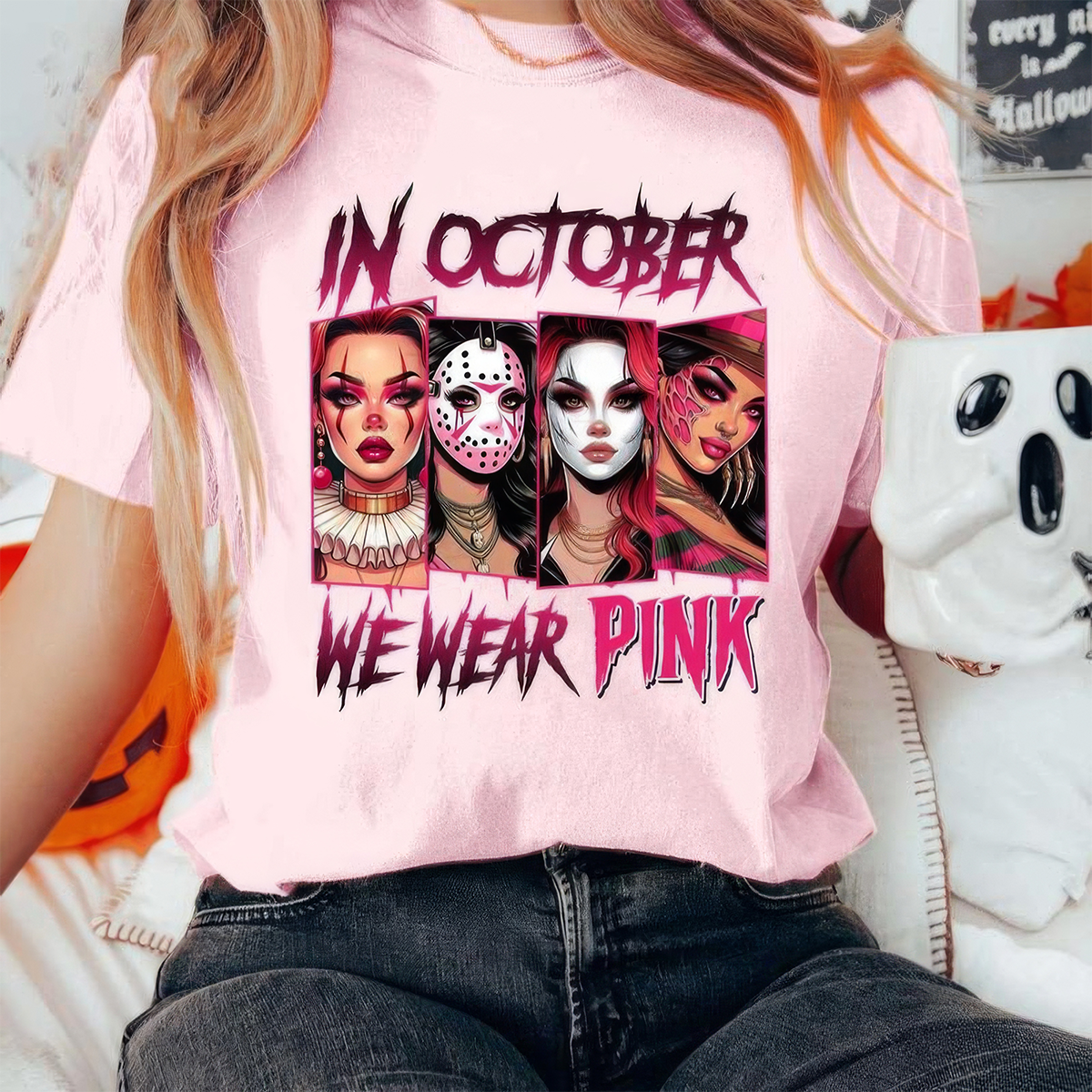 In October We Wear Pink Shirt,Halloween Movie Characters Pink Ribbon Breast Cancer Awareness,SpO0ky Season Crewneck,Hoodie,H-C-732