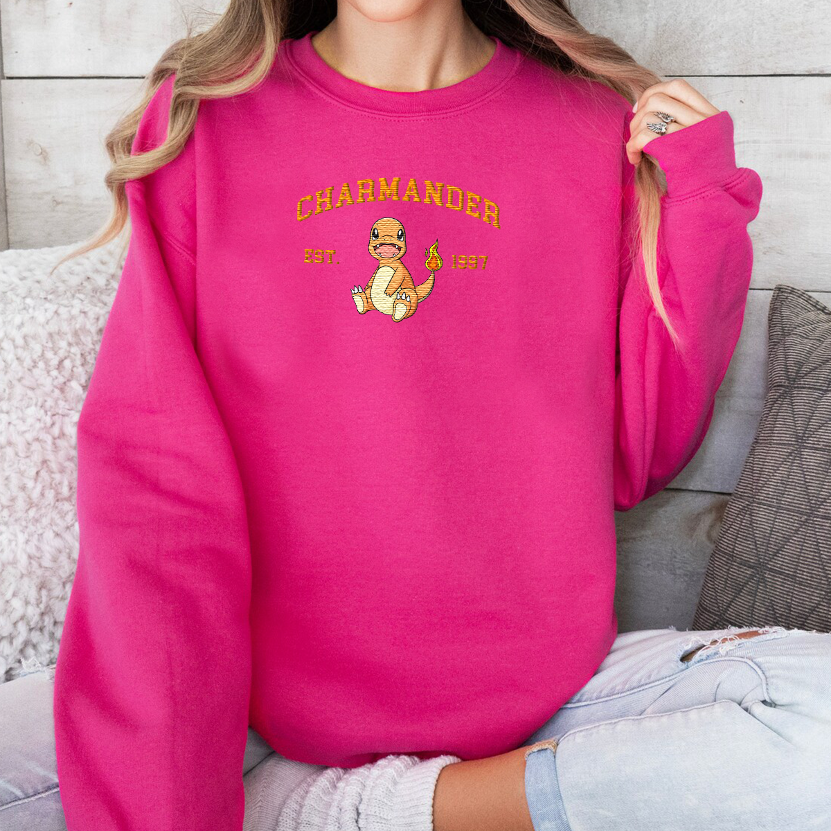 Charmander Adorable Anime-Themed Embroidered T-Shirt,Crewneck,Hoodie-Trendy Versatile and a Thoughtful Gift for Friends,H-C-715