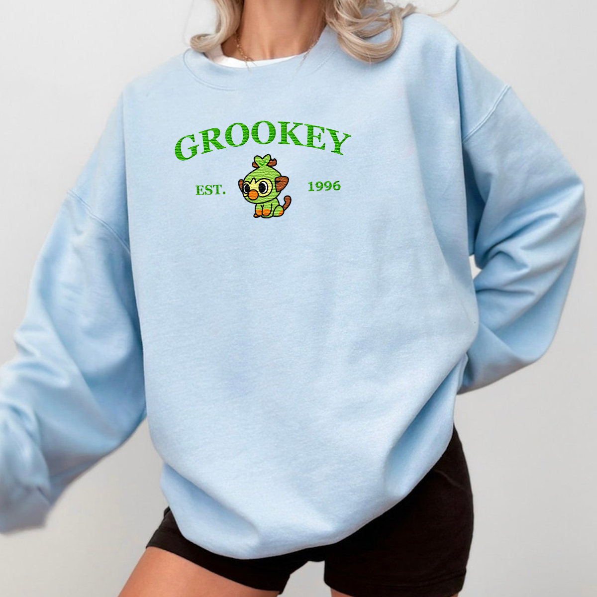 Grookey-Q. Adorable Anime-Themed Embroidered T-Shirt,Crewneck,Hoodie-Trendy Versatile and a Thoughtful Gift for Friends,H-C-973