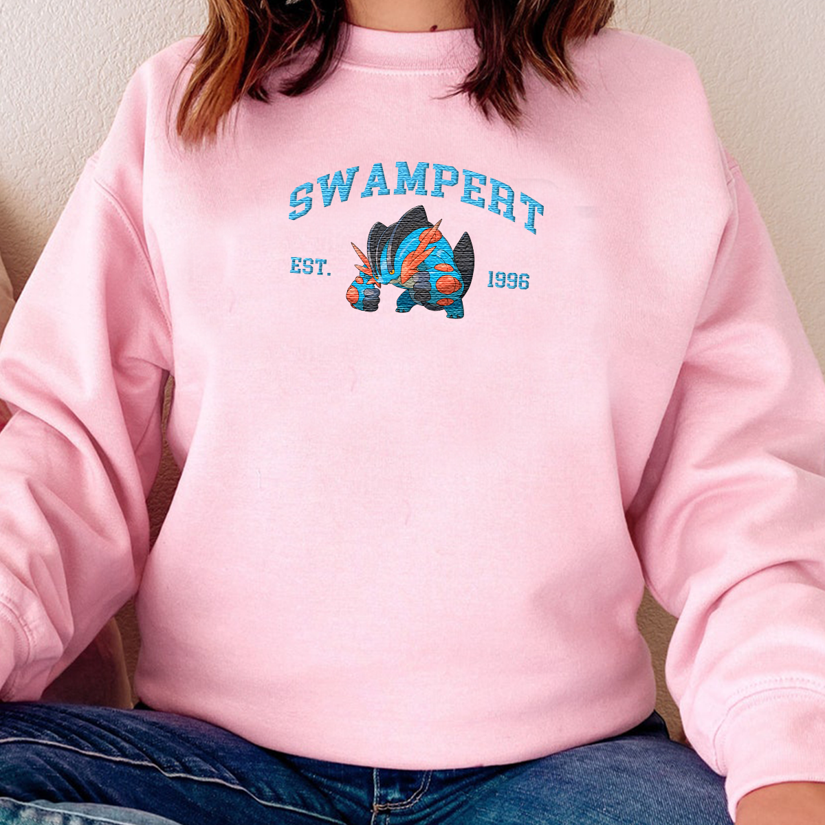 Swampert Mega Adorable Anime-Themed Embroidered T-Shirt,Crewneck,Hoodie-Trendy Versatile and a Thoughtful Gift for Friends,H-C-1003