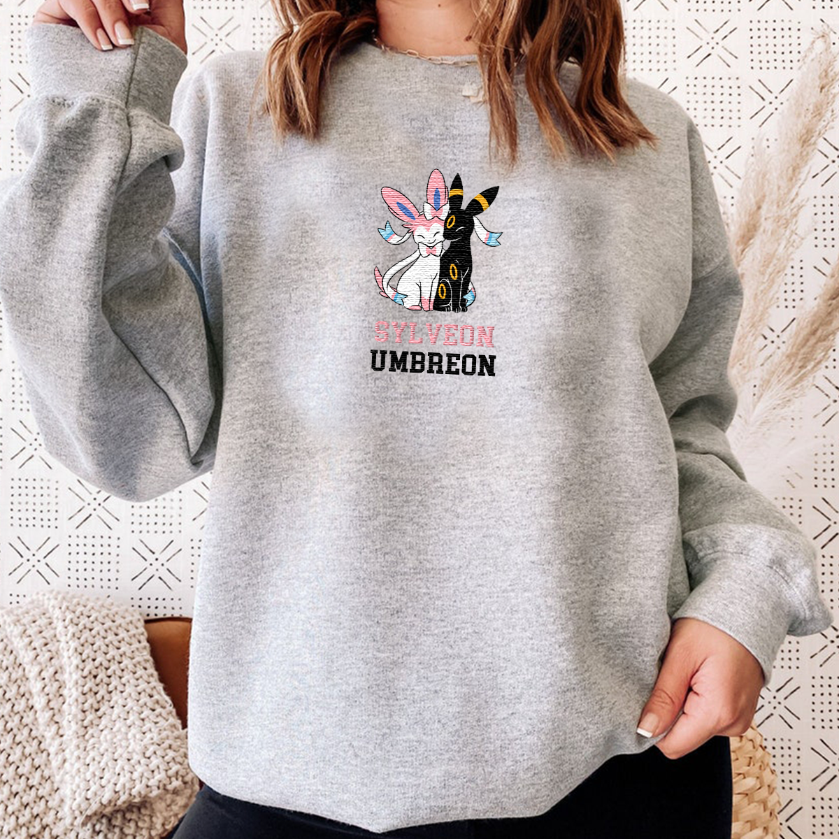 Sylveon Umbreon Adorable Anime-Themed Embroidered T-Shirt,Crewneck,Hoodie-Trendy Versatile and a Thoughtful Gift for Friends,H-C-1758