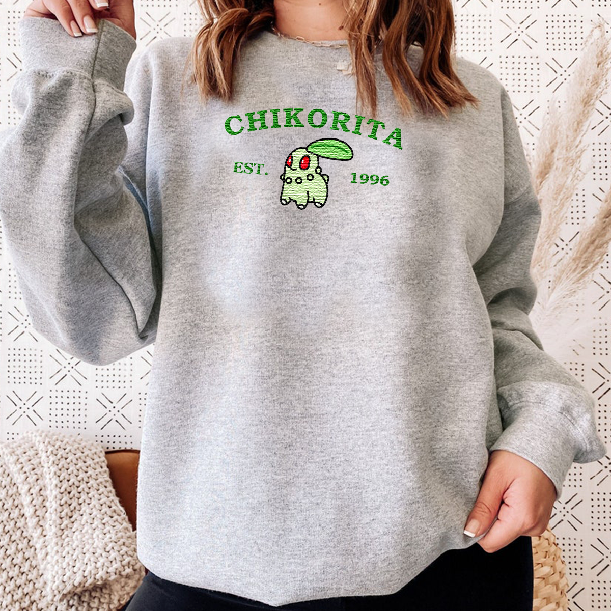 Chikorita-Q. Adorable Anime-Themed Embroidered T-Shirt,Crewneck,Hoodie-Trendy Versatile and a Thoughtful Gift for Friends,H-C-953