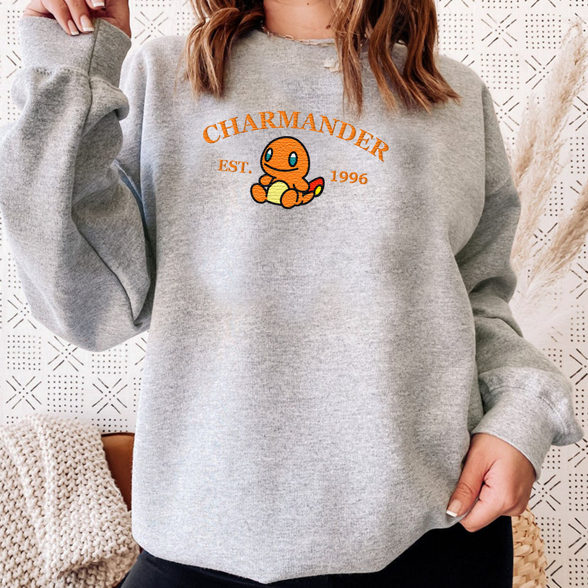 Charmander-Q. Anime Characters Embroidered Unisex T-Shirt,Crewneck,Hoodie,H-C-934