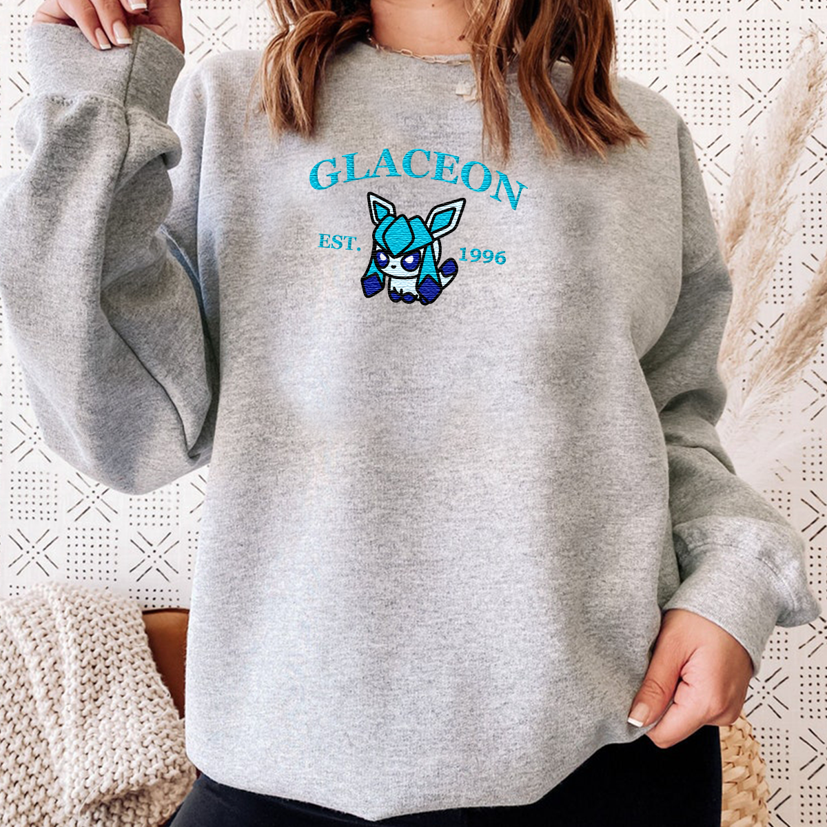 Glaceon-Q. Adorable Anime-Themed Embroidered T-Shirt,Crewneck,Hoodie-Trendy Versatile and a Thoughtful Gift for Friends,H-C-916