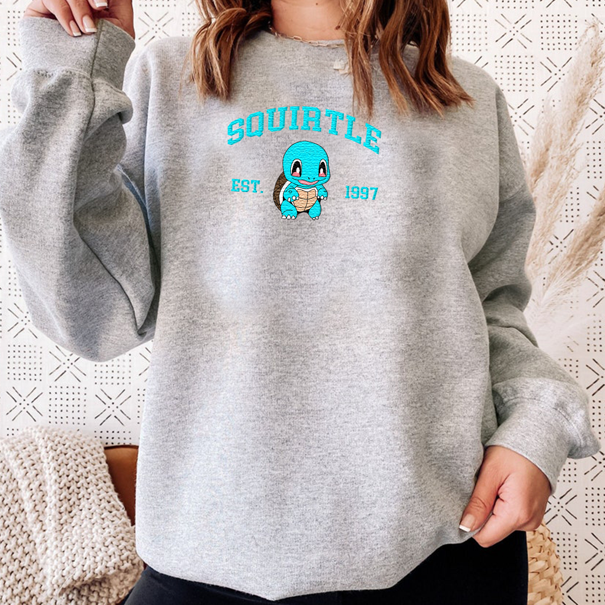 Squirtle Adorable Anime-Themed Embroidered T-Shirt,Crewneck,Hoodie-Trendy Versatile and a Thoughtful Gift for Friends,H-C-726