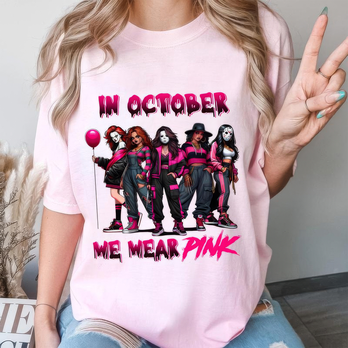 In October We Wear Pink Shirt,Halloween Movie Characters Pink Ribbon Breast Cancer Awareness,SpO0ky Season Crewneck,Hoodie,H-C-732