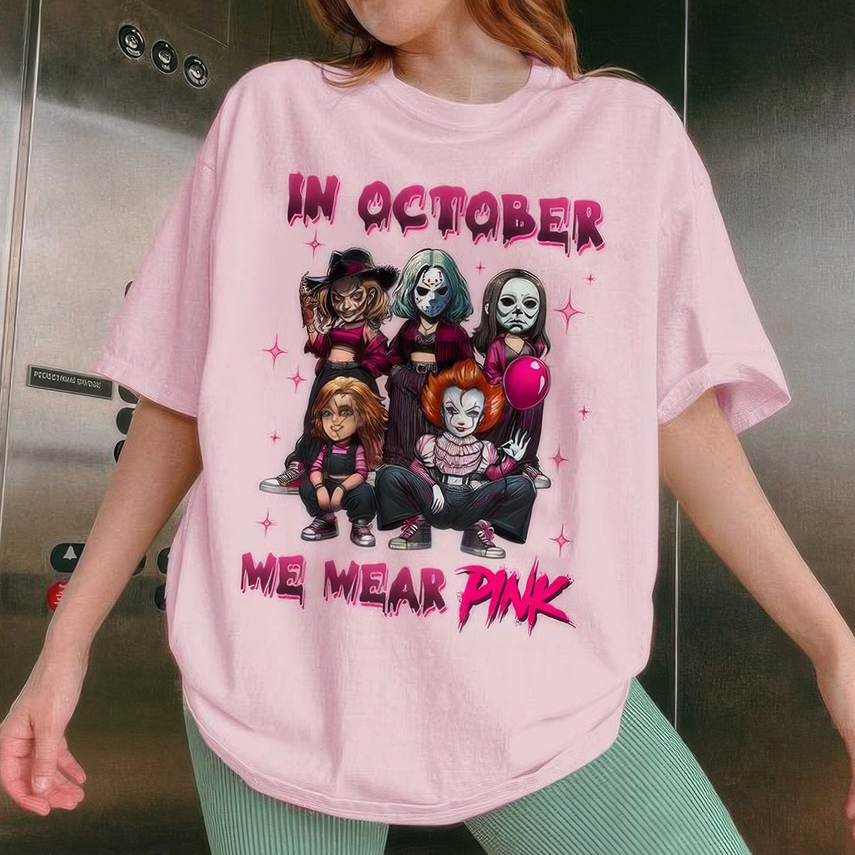 In October We Wear Pink Shirt,Halloween Movie Characters Pink Ribbon Breast Cancer Awareness,SpO0ky Season Crewneck,Hoodie,H-C-732