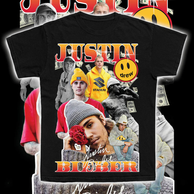 T-shirt à capuche vintage Rap Bootleg de JUSTIN BIEBER, col ras du cou, HP-071