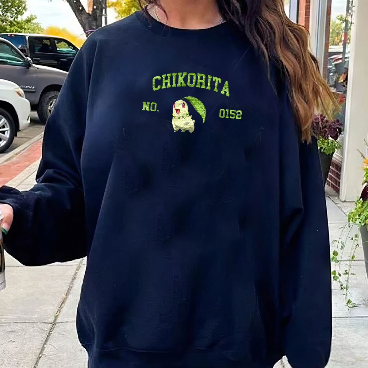 Chikorita Adorable Anime-Themed Embroidered T-Shirt,Crewneck,Hoodie-Trendy Versatile and a Thoughtful Gift for Friends,H-C-1422