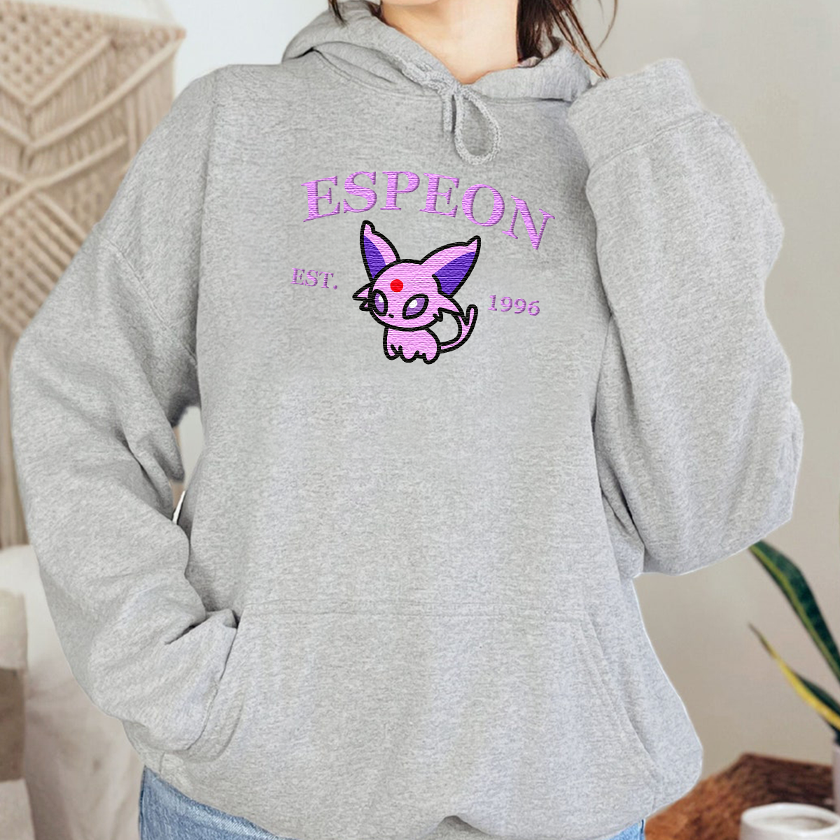 Espeon-Q. Adorable Anime-Themed Embroidered T-Shirt,Crewneck,Hoodie-Trendy Versatile and a Thoughtful Gift for Friends,H-C-921