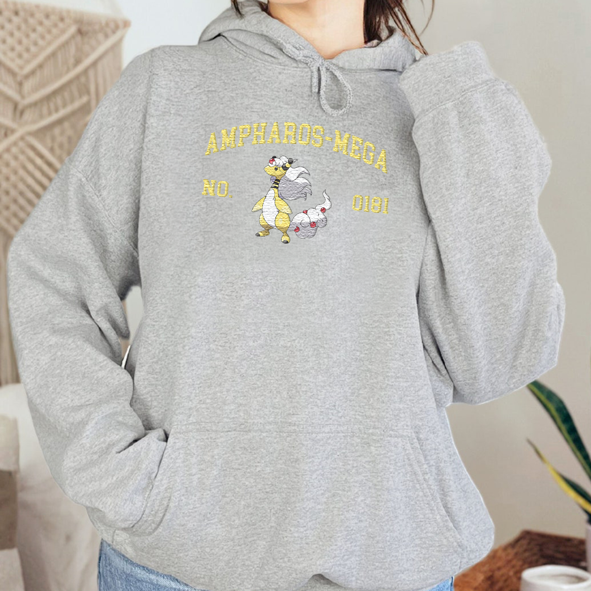 Ampharos-Mega Adorable Anime-Themed Embroidered T-Shirt,Crewneck,Hoodie-Trendy Versatile and a Thoughtful Gift for Friends,H-C-1484