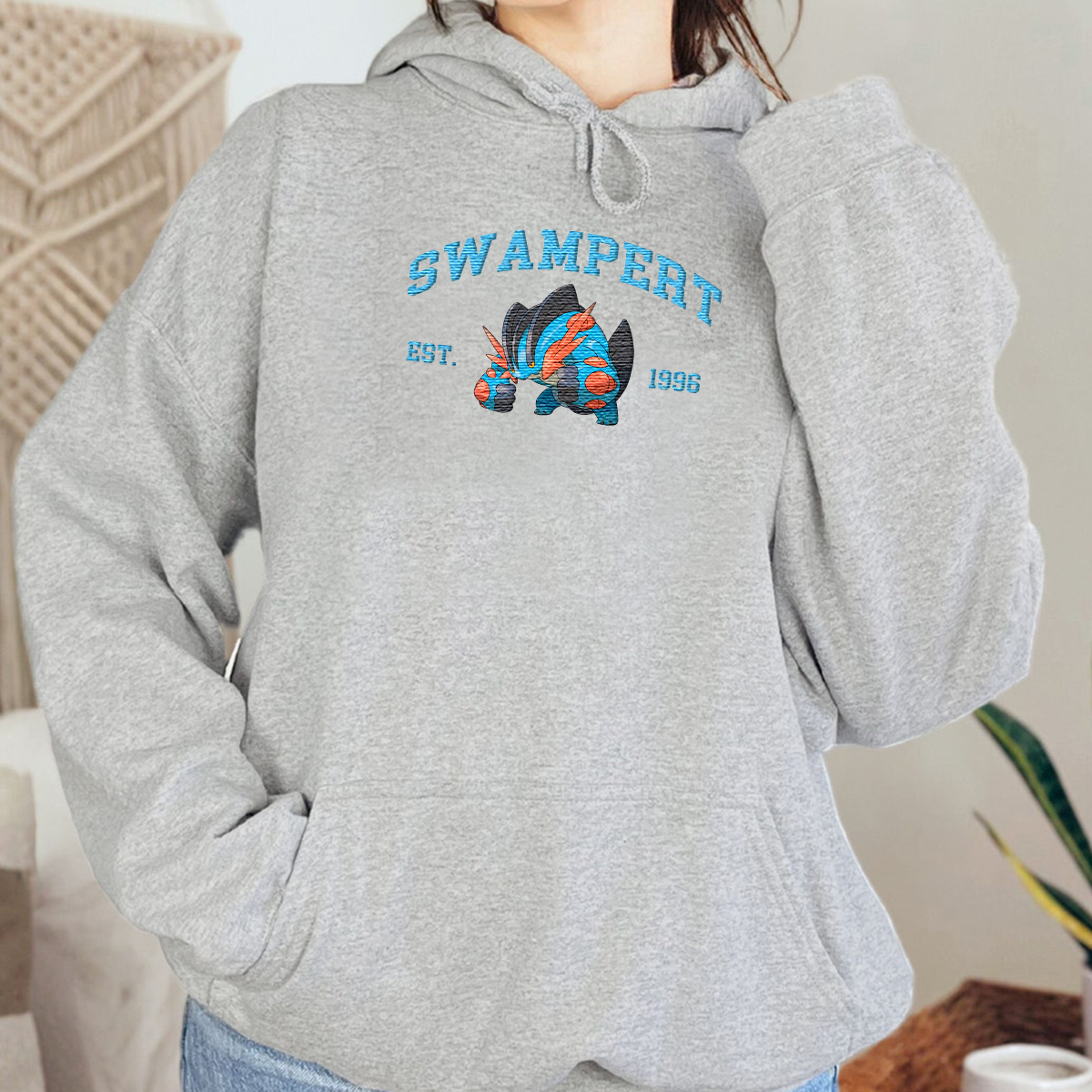 Swampert Mega Adorable Anime-Themed Embroidered T-Shirt,Crewneck,Hoodie-Trendy Versatile and a Thoughtful Gift for Friends,H-C-1003