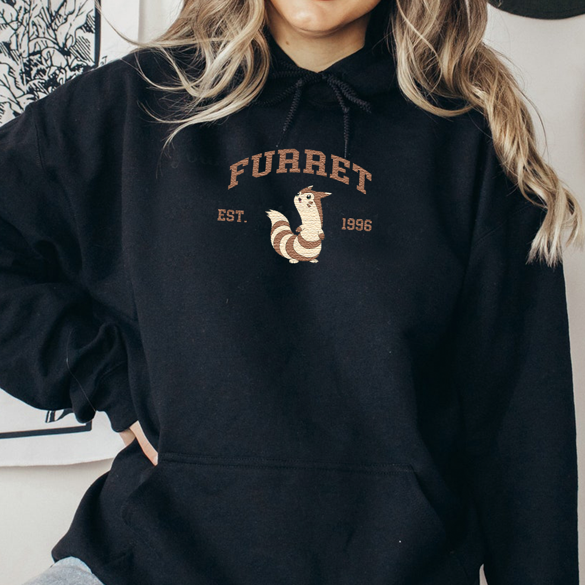 Furret Adorable Anime-Themed Embroidered T-Shirt,Crewneck,Hoodie-Trendy Versatile and a Thoughtful Gift for Friends,H-C-1138