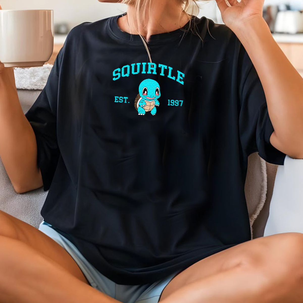 Squirtle Adorable Anime-Themed Embroidered T-Shirt,Crewneck,Hoodie-Trendy Versatile and a Thoughtful Gift for Friends,H-C-726