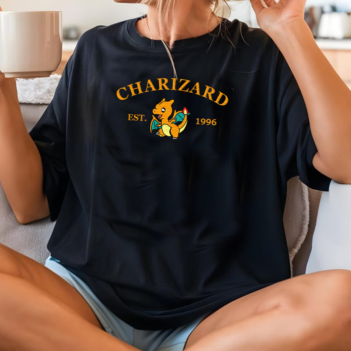 Charizard-Q. Adorable Anime-Themed Embroidered T-Shirt,Crewneck,Hoodie-Trendy Versatile and a Thoughtful Gift for Friends,H-C-984